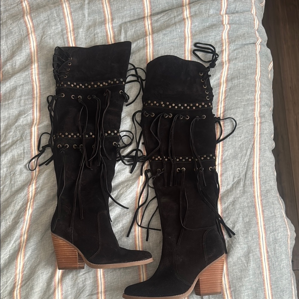 dingo Black Over-the-Knee Suede Fringe & Stud Boots